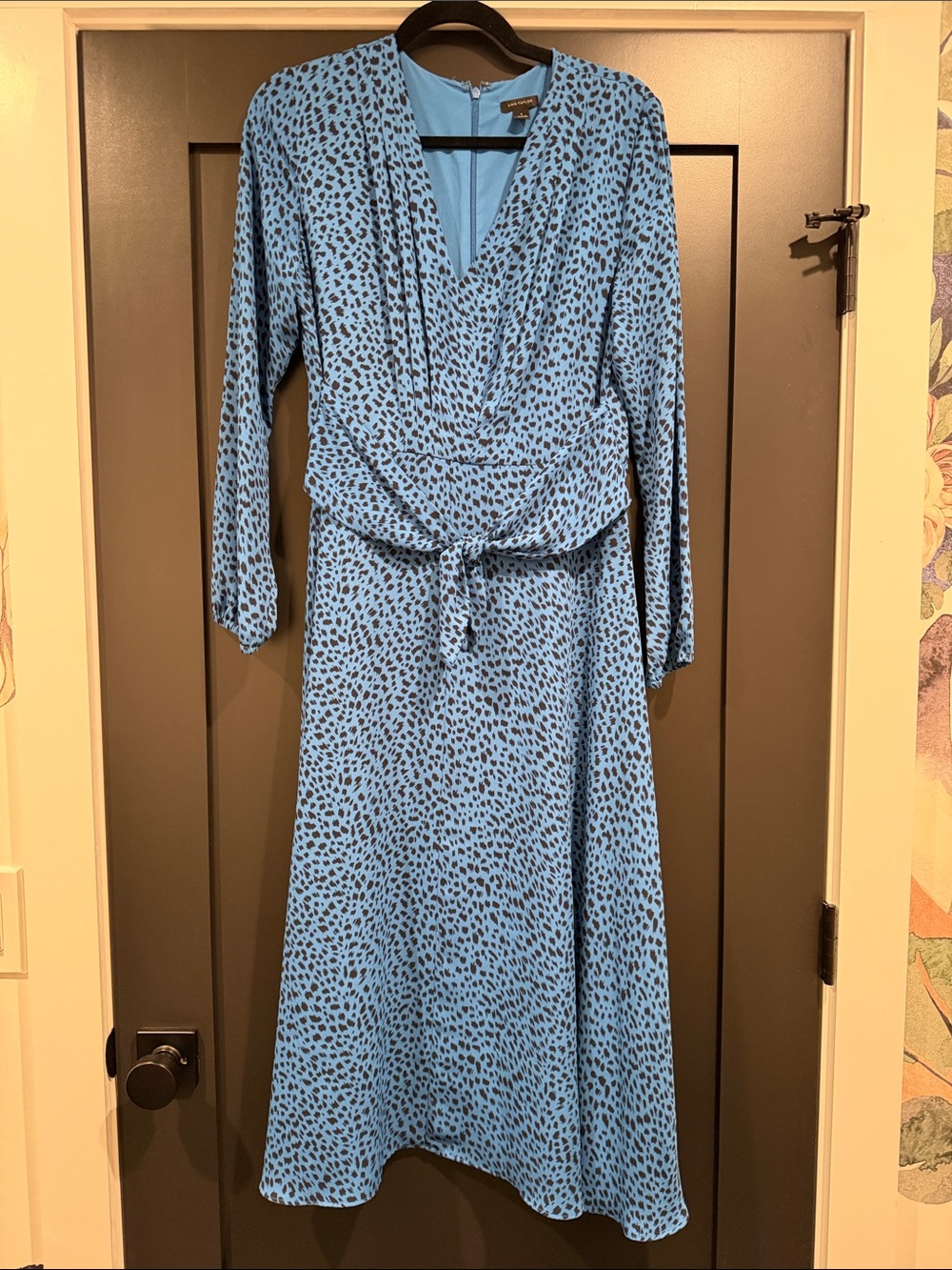 Ann Taylor Blue Printed Long Sleeve Maxi Dress with Tie Waist